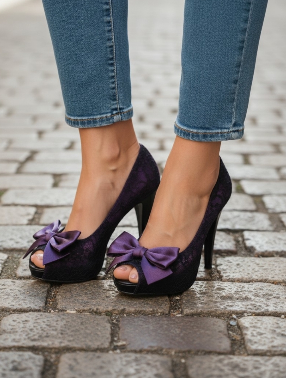 Paris Hilton Purple Lace Peep-Toe Heels with Bow